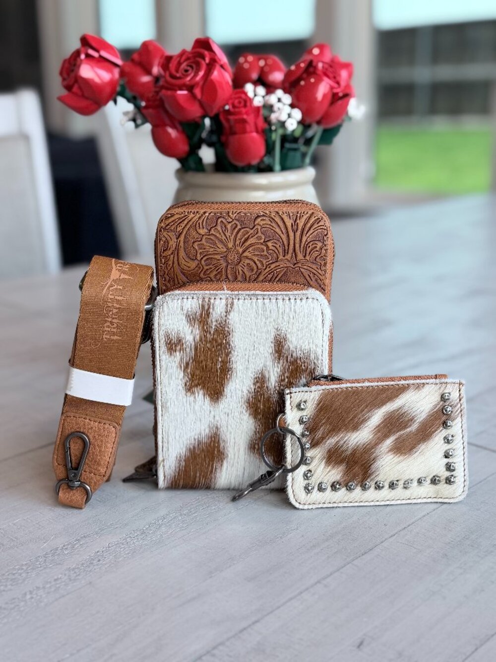 Trinity Ranch Genuine Hair-On Cowhide /Tooled Phone Purse w/ Coin Pouch Brown